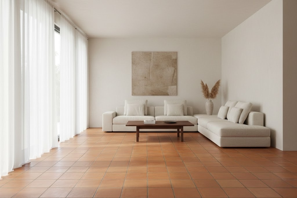 Suelo de terracota en un espacio minimalista