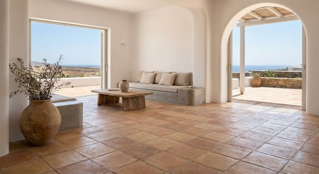 minimalismo mediterráneo y su combinación con losas de barro